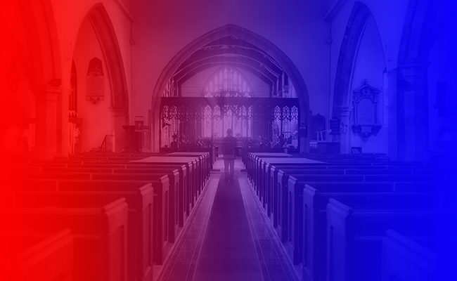 church pews red blue political pressure