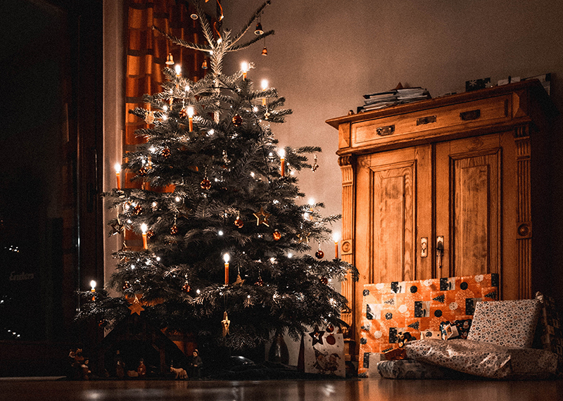 Christmas tree glowing in home at night - Books to read this Christmas
